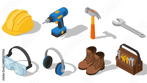 Essential construction tools collection in isometric style