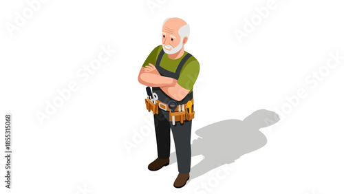 Elderly carpenter standing confidently with tool belt in isometric design
