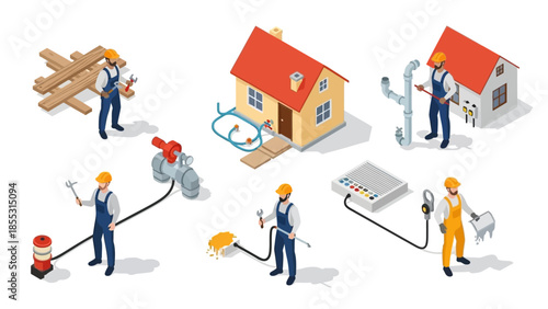 Isometric construction workers performing home repairs and maintenance tasks