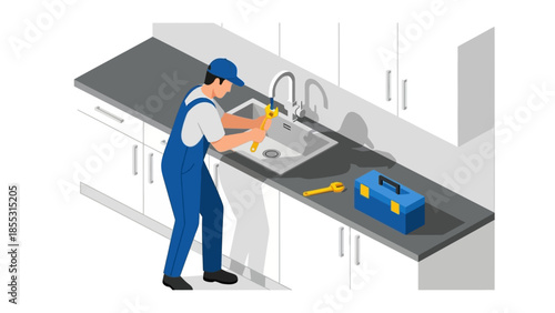 Isometric plumber fixing kitchen sink with tool box and wrench