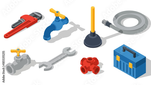 Isometric plumbing tools and equipment set with bold 3d designs