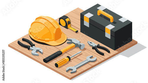 Isometric construction tools set on wooden surface with toolbox and safety helmet