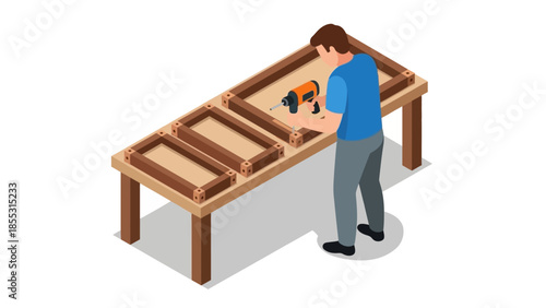 Isometric workshop scene with carpenter using electric drill