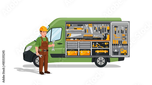 Mobile mechanic service van with open tool compartments and technician