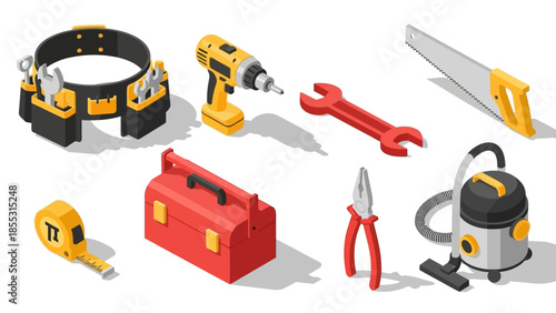 Isometric tools set: drill, wrench, toolbox, and more for diy projects