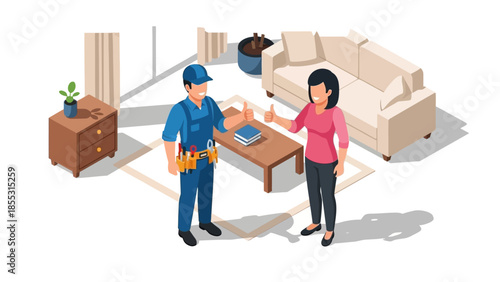 Handyman and woman smiling in living room setting with modern isometric design