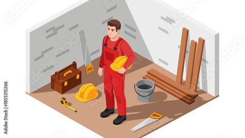 Construction worker in red overalls standing in room with tools and equipment