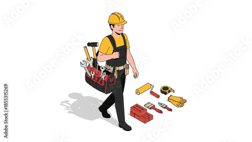Construction worker in isometric style with tools and safety gear