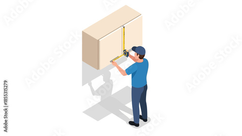 Isometric man measuring box with tape measure in work outfit