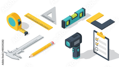 Isometric tools set with measuring instruments and clipboard checklist for construction and design
