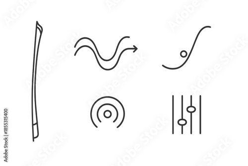 Bow-String Melody Icons. Bow–string melody: Line style icons of drawn bow, vibrating strings, melody curve, tune dot, sound ripple