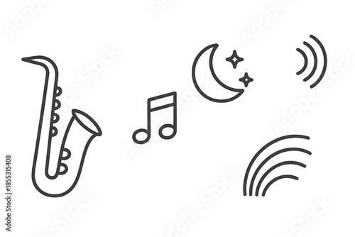 Jazz Under Moonlight. Saxophone gold night: Line style icons of saxophone body, curved neck, jazz note, night moon, sound waves,