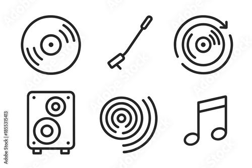 Retro Vinyl Vibes. Vinyl music retro: Line style icons of vinyl record, turntable arm, spinning disc, retro speaker, groove