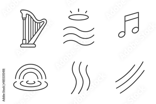 Divine Harp Icons. Soft divine strings: Line style icons of delicate harp, soft arcs, halo glow, tune marks, gentle ripples,