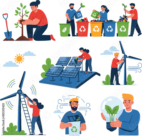 Sustainable Living & Green Energy Icons Set – Planting Trees, Recycling, Solar Panels, Wind Turbines & Eco Protection for Environmental Campaigns, Education & Corporate CSR