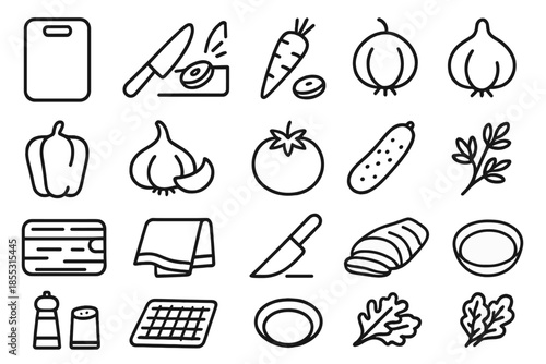 Kitchen Essentials Icons. Line style icons of Cutting Board Chop Prepare: cutting board, chef knife, vegetable slice, chopping