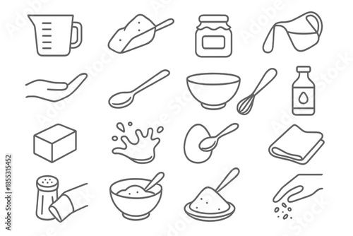 Cooking Icon Set. Line style icons of Cooking Preparation Set: measuring cup, flour scoop, sugar jar, liquid pour, hand hold,