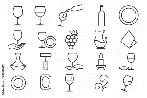 Sophisticated Wine Icons. Line style icons of Sophisticated Wine Tools: red wine glass, stemware, wine pour, wine bottle, coaster,