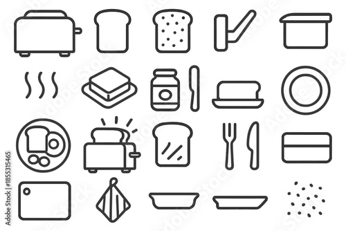 Toaster Breakfast Icons. Line style icons of Toaster Bread Crunch: toaster, bread slice, toasted bread, lever handle, crumb tray,