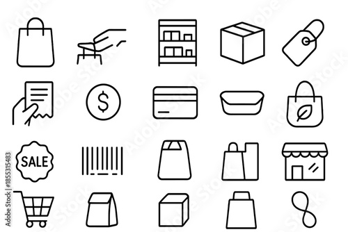 Store Purchase Icons. Line style icons of Store Purchase Set: shopping bag, handle, hand hold, store shelf, product box, receipt,