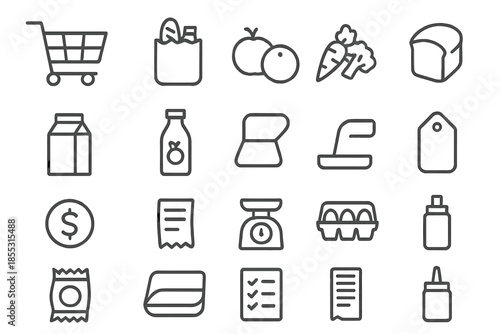 Supermarket Icons Collection. Line style icons of Supermarket Tools Set: shopping cart, grocery bag, fruits, vegetables, bread