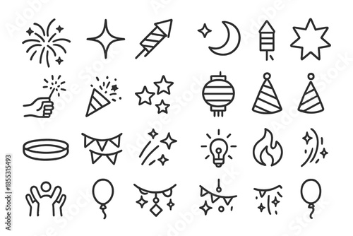 Night Party Icons. Line style icons of Night Party Essentials: firework, spark, rocket, night sky, explosion, hand hold, sparkler,