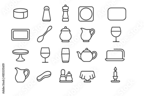 Dining Accessories Icons. Line style icons of dining accessories: Napkin Ring, Salt Shaker, Pepper Mill, Coaster, Placemat,