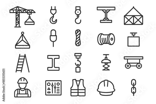 Construction Tool Icons. Line style icons of heavy construction tools: Crane, Hook, Pulley, Beam, Platform, Load, Cable, Rope,