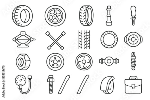 Tire Repair Tool Icons. Line style icons of vehicle wheels: Tire, Road, Track, Rim, Hubcap, Axle, Brake Disc, Suspension, Wheel