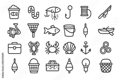 Fishing Essentials Icons. Line style icons of fishing essentials: Bait, Worm, Attract, Hook, Line, Rod, Reel, Net, Fish, Bucket,