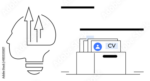 Career advancement. Growth and progress symbol ed by arrows in a head profile alongside CV folders. Career advancement for hiring, personal growth, job search, HR, opportunity seeking