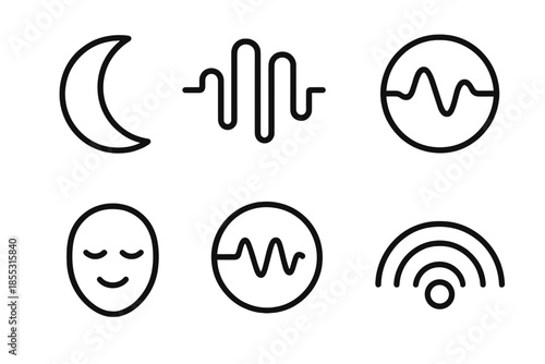 Nighttime Biometrics. Line vector icons of nighttime biometrics: moon crest, bio-metrics line, smooth wave, sleep pattern ring,