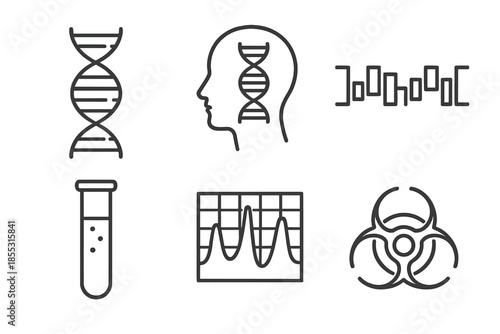 Genetic Profiling Icons. Line vector icons of genetic profiling: double helix, profile head, nucleobase line, test tube, result