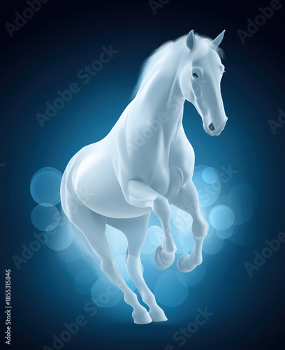 Stylized luminous stallion rises against soft circular highlights on deep backdrop.