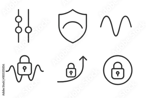 Coherent Channel Icons. Line vector icons of coherent protected channel: phase-aligned photons, shield arc, coherent wave, secure