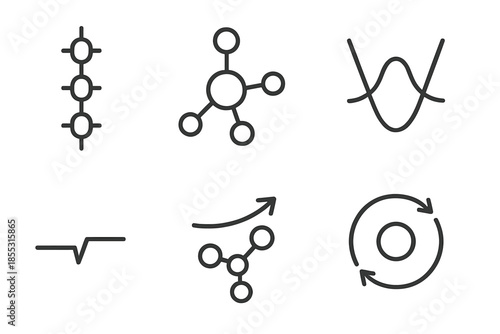 Qubits and Molecules Icons. Line vector icons of molecular optimization via qubits: qubit chain, simplified molecule, optimization