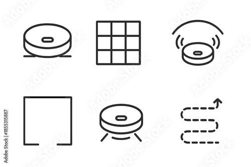 Autonomous Floor Mapping Icons. Line vector icons of autonomous floor mapping: vacuum disc, grid mesh, navigation arc, sensing