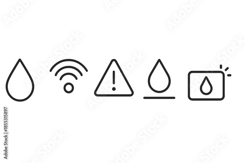 Smart Leak Detection Icons. Line vector icons of smart leak detection: droplet icon, sensing dot, wireless arc, alert crest,