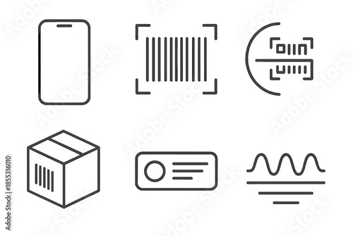Product Scan Icons. Line vector icons of product-identification scan: phone contour, barcode block, scanning arc, item outline,