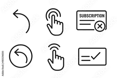 Instant Subscription Cancellation Icons. Line vector icons of one-click subscription cancellation: cancel-arrow arc, single-tap