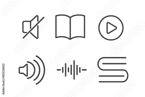 Anti-Silent Reading Icons. Line vector icons of anti-silent reading mode: crossed silent hint, book outline, voice-wave arc, play