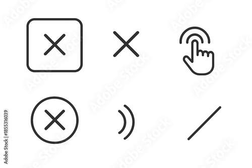 Cancellation Flow Icons. Line vector icons of simplified cancellation flow: tile outline, cancel mark, tap arc, direct-exit ring,