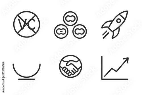 Innovative Investment Icons. Line vector icons of anti-traditional-investor model: crossed VC hint, community coins, rocket