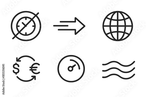 Fast Remittance Icons. Line vector icons of anti-slow remittance: crossed delay hint, fast arrow, globe outline, currency symbol