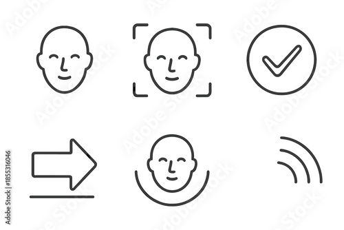 Facial-Recognition Payment Icons. Line vector icons of facial-recognition payment: face outline, scan grid, checkmark ring,