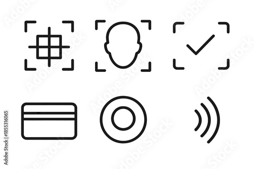 Touchless Face Payment Icons. Line vector icons of touchless face payment: scan grid, facial silhouette, confirmation arc, card