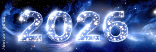 Shiny star-filled 2026 numerals stand amid swirling cosmic clouds and starlight.