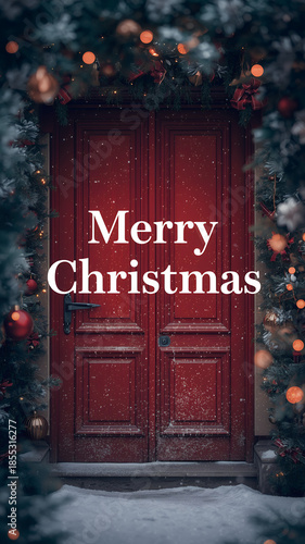 red christmas door with christmas tree
