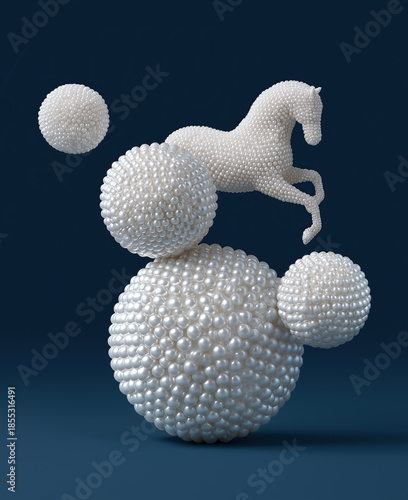 Pearled equine figure balances atop clustered orb structures against deep backdrop.