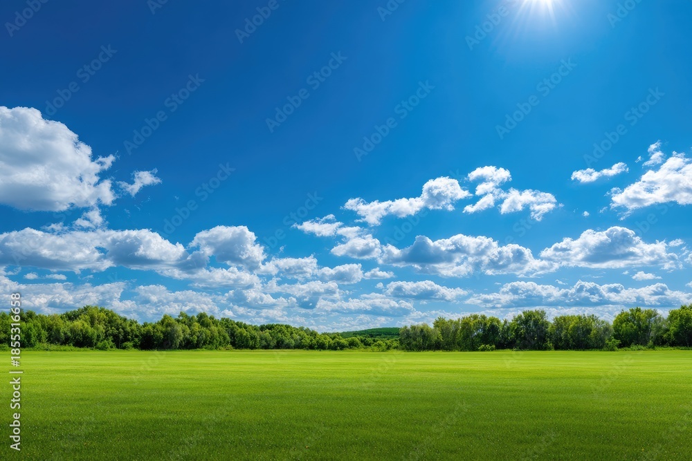 Fototapeta premium Wide grassy field under a bright blue sky filled with fluffy white clouds and a shining sun